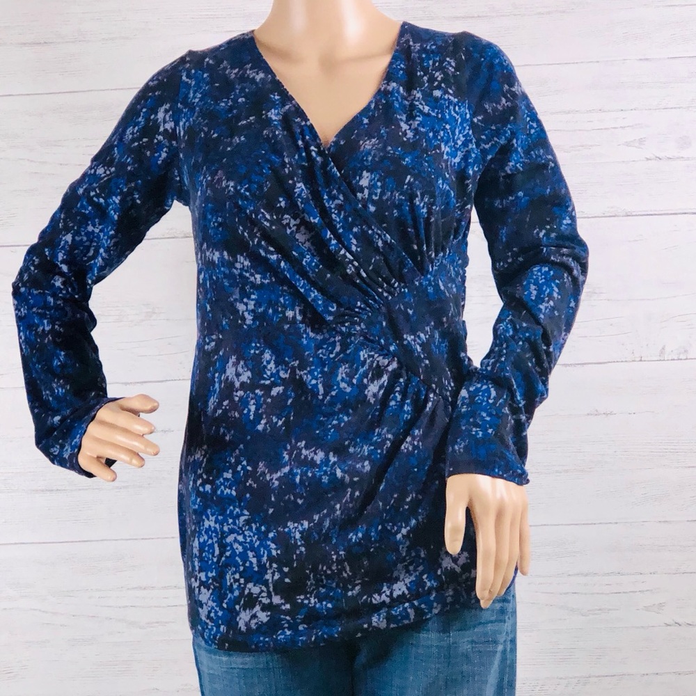 CAbi | Blue Diamond Faux Wrap Ruched Top - L